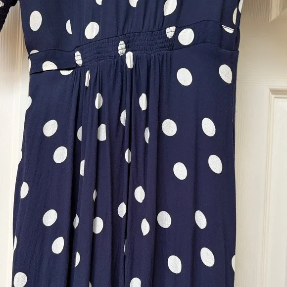 Anthropologie Navy and White Polka Dot Midi Dress - Picture 7 of 13